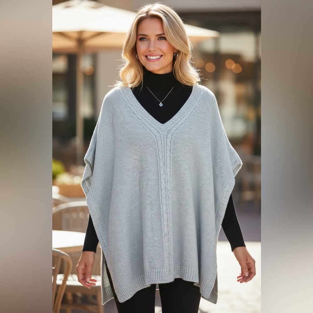 Talbots Oversized Cable Knit Poncho Sweater Gray Size L NWT - Picture 3 of 14
